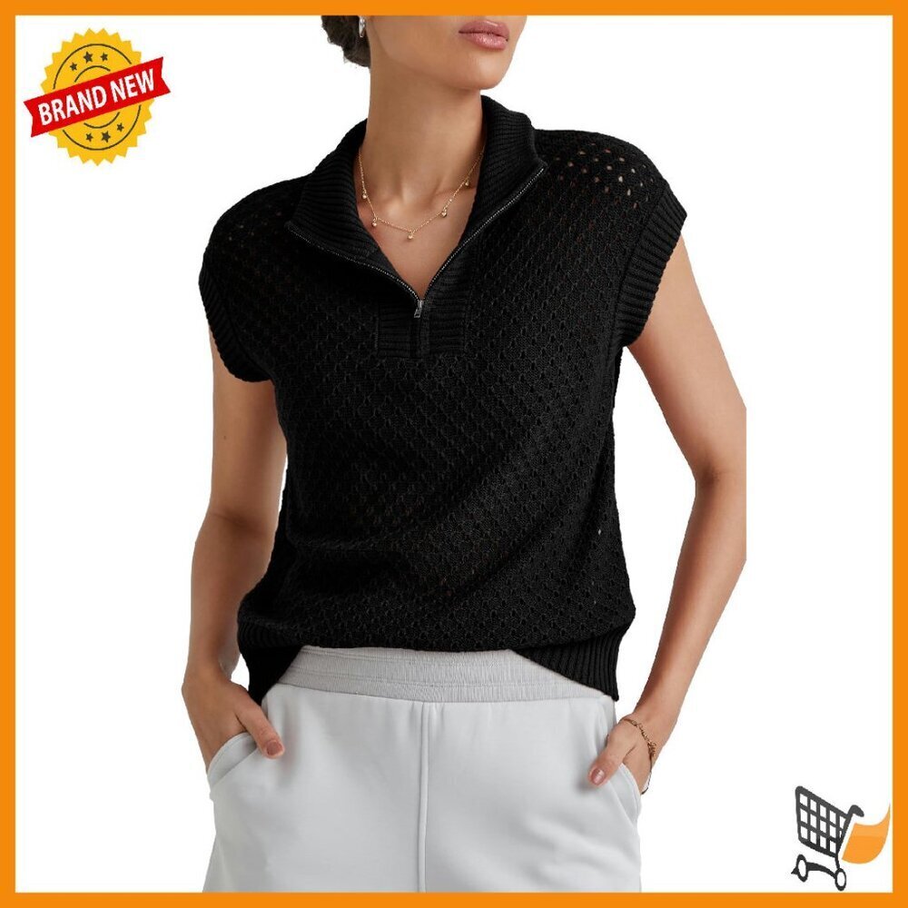 Summer Cap Sleeve Sweater Vest Quarter Zip Hollow Out Crochet Polo V Neck